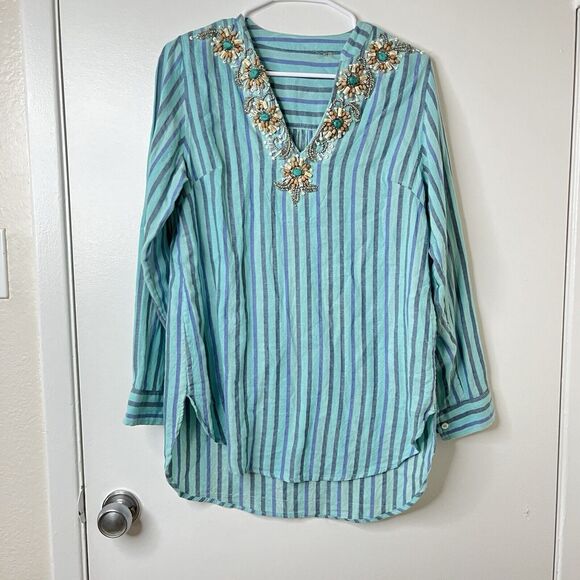 Soft Surroundings Womens Aqua Blue Striped Tortola Beaded V-neck Blouse Size S - Picture 2 of 10